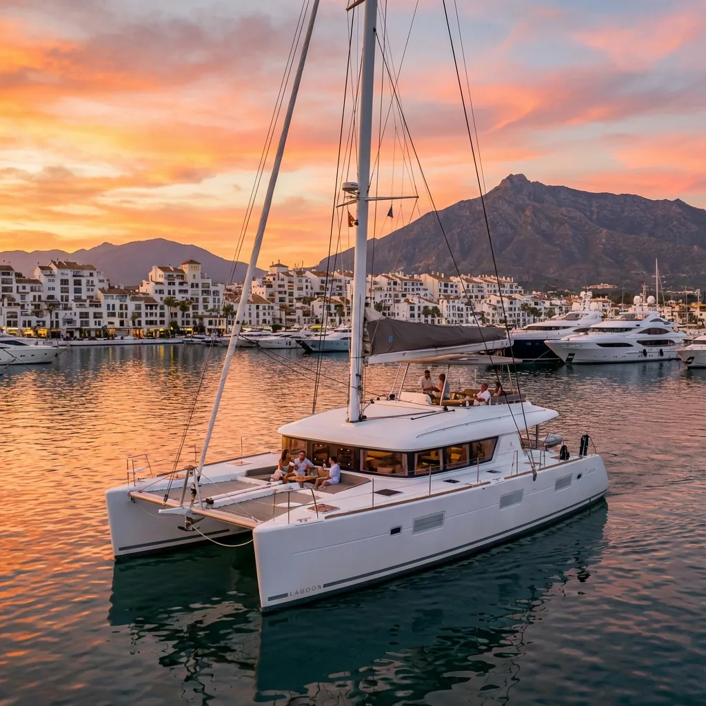 Catamaran Rental Marbella - Premium Charter Experience Luxury catamaran rental in Marbella near Puerto Banús — spacious deck, Mediterranean sea views, and sunset cruising.