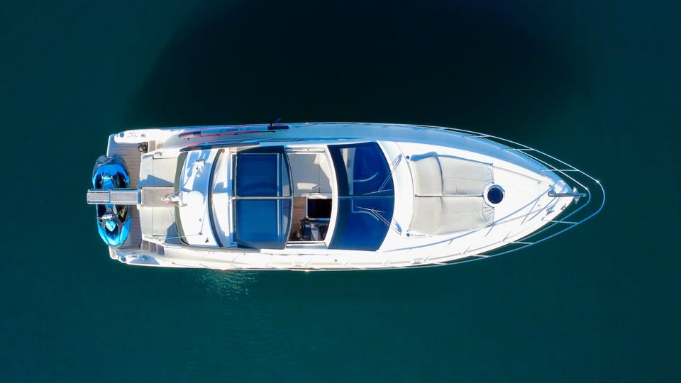 Luxury Atlantis 50 motor yacht rental in Puerto Banús, Marbella aerial view – exclusive yacht charter