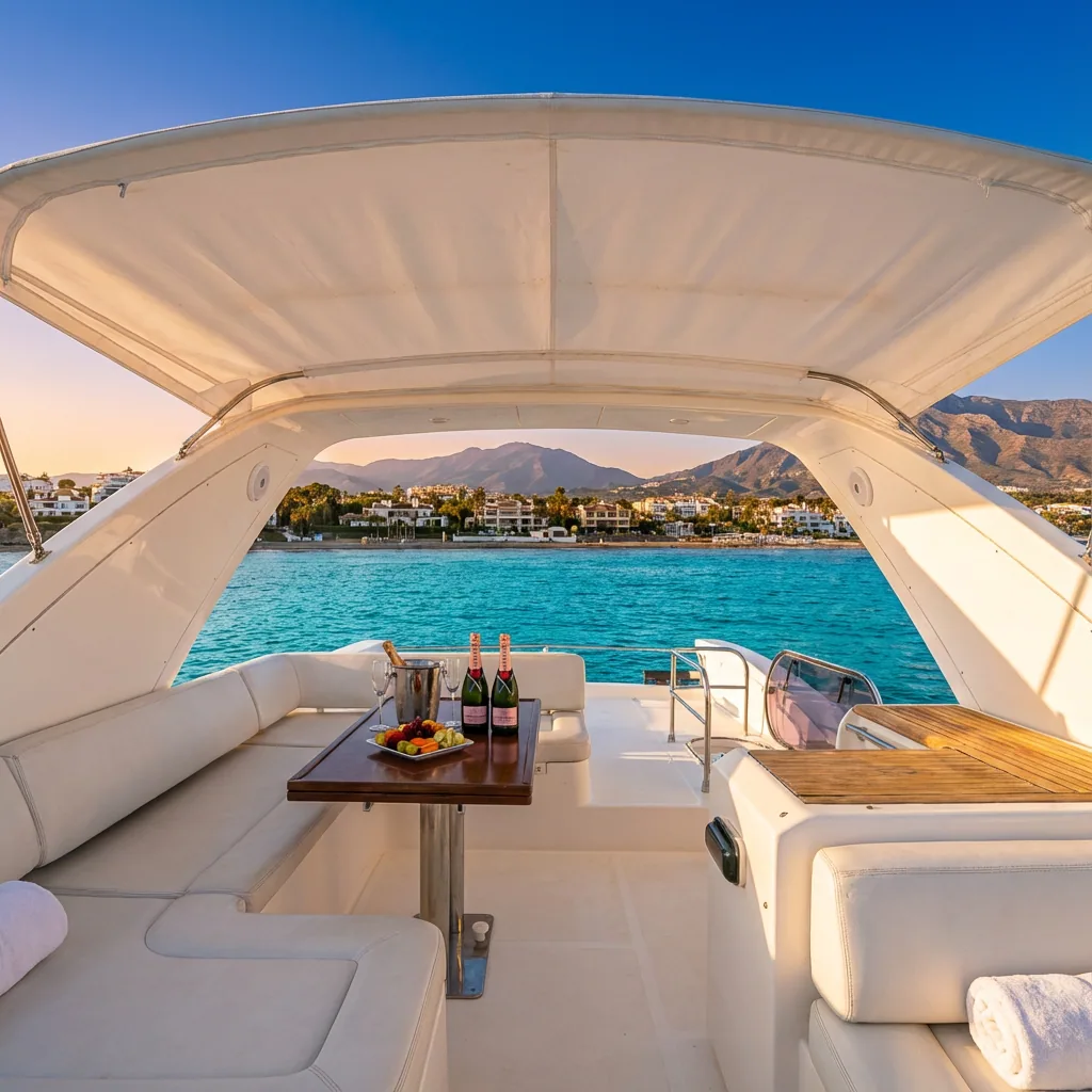 Luxury Azimut 58 Fly motor yacht rental in Puerto Banús, Marbella aft deck – exclusive yacht charter