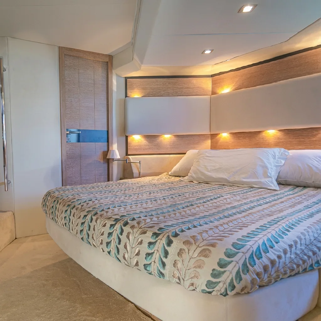 Luxury Azimut 58 Fly motor yacht rental in Puerto Banús, Marbella cabin – exclusive yacht charter