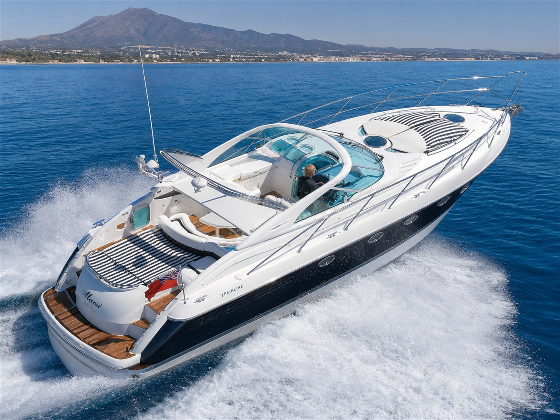 Luxury Fairline Targa 43 motor yacht rental in Puerto Banús, Marbella – exclusive yacht charter