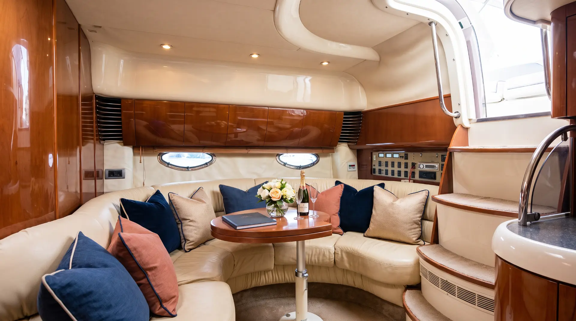 Luxury Fairline Targa 43 motor yacht rental in Puerto Banús, Marbella salon – exclusive yacht charter