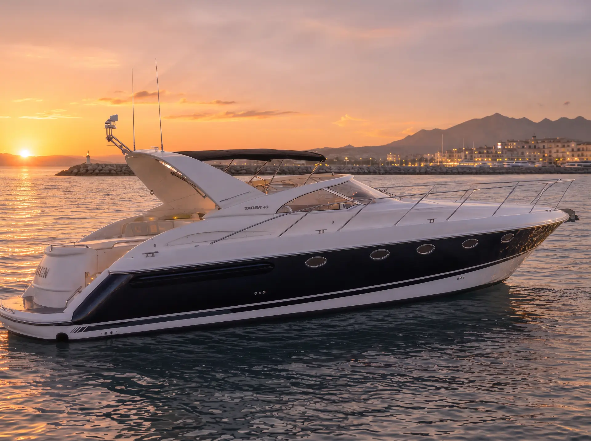 Luxury Fairline Targa 43 motor yacht rental in Puerto Banús, Marbella – exclusive yacht charter