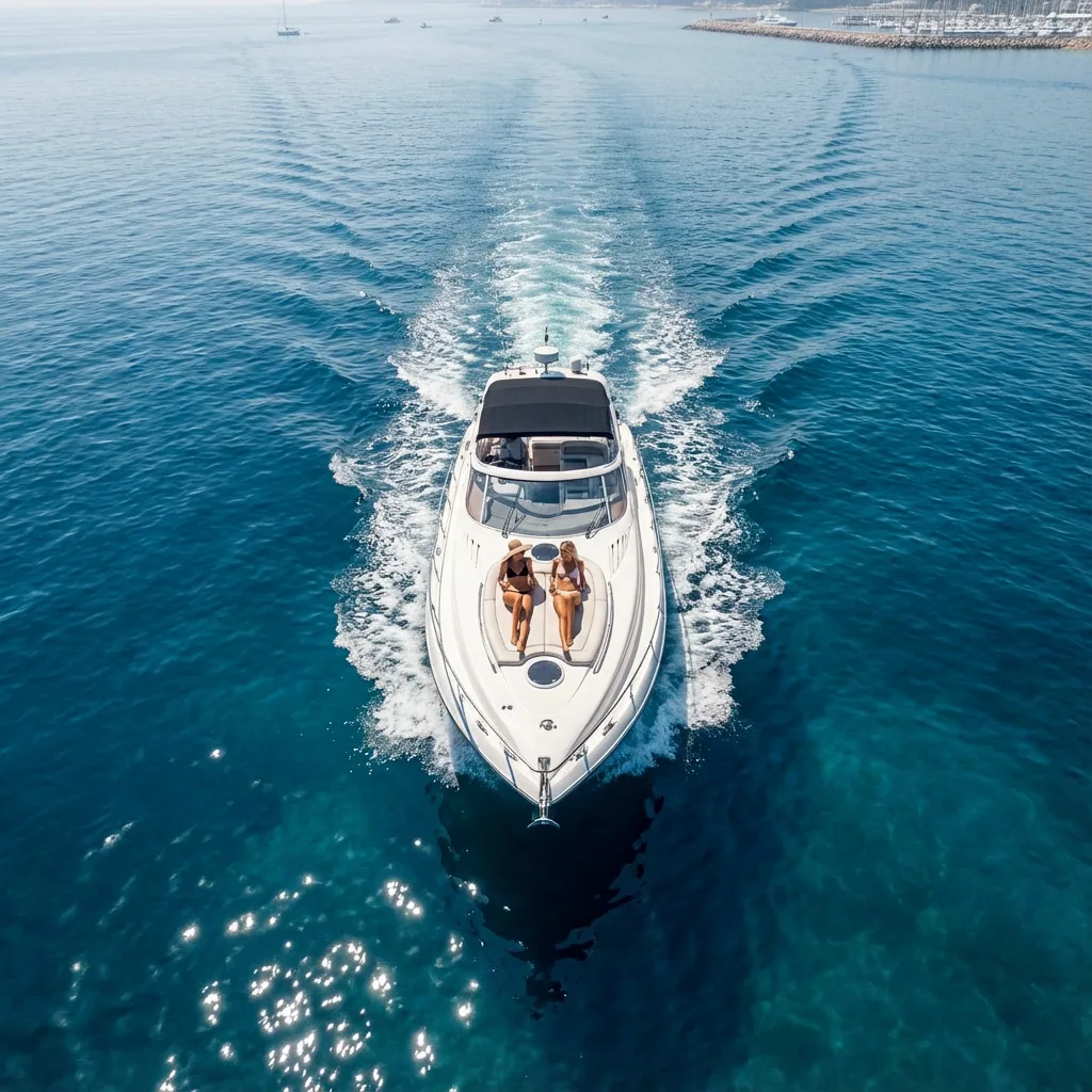 Luxury Fairline Targa 43 motor yacht rental in Puerto Banús, Marbella aerial view – exclusive yacht charter