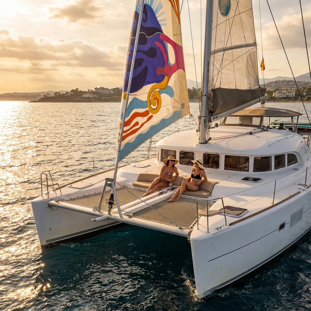 Alquiler de catamarán privado Lagoon Catamaran 380 en Marbella y Puerto Banús vista exterior – Rent a Boat Marbella