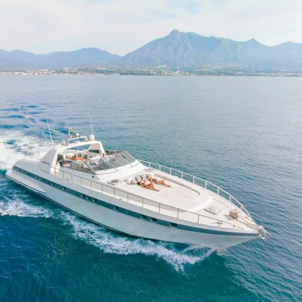 Luxury Mangusta 80 motor yacht rental in Puerto Banús, Marbella – exclusive yacht charter