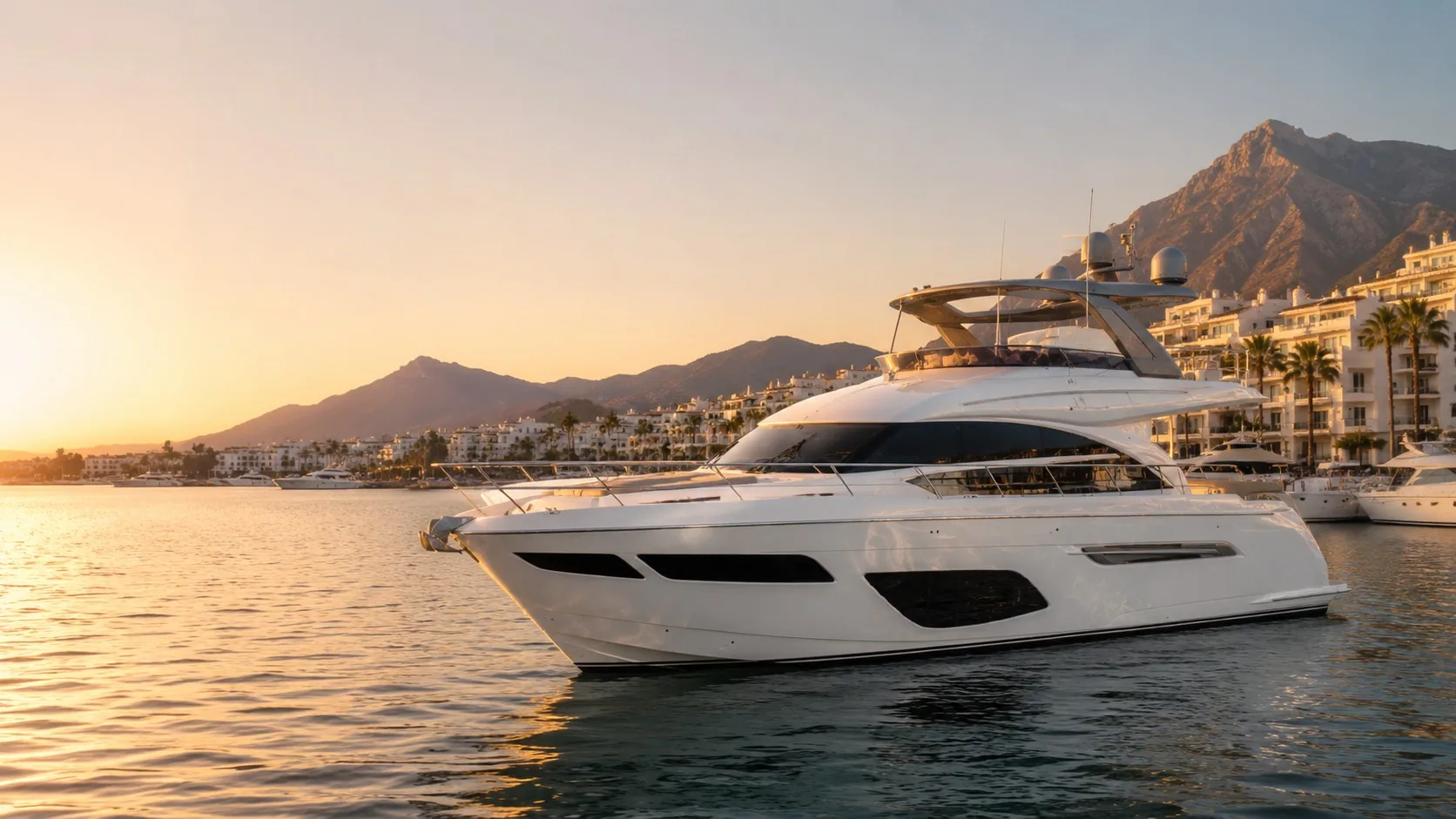 Alquiler de yate de motor de lujo Princess F70 en Puerto Banús, Marbella vista exterior – charter exclusivo