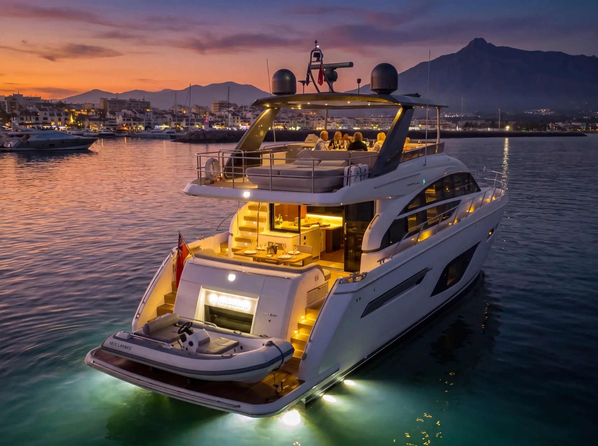 Luxury Princess F70 motor yacht rental in Puerto Banús, Marbella aft deck – exclusive yacht charter