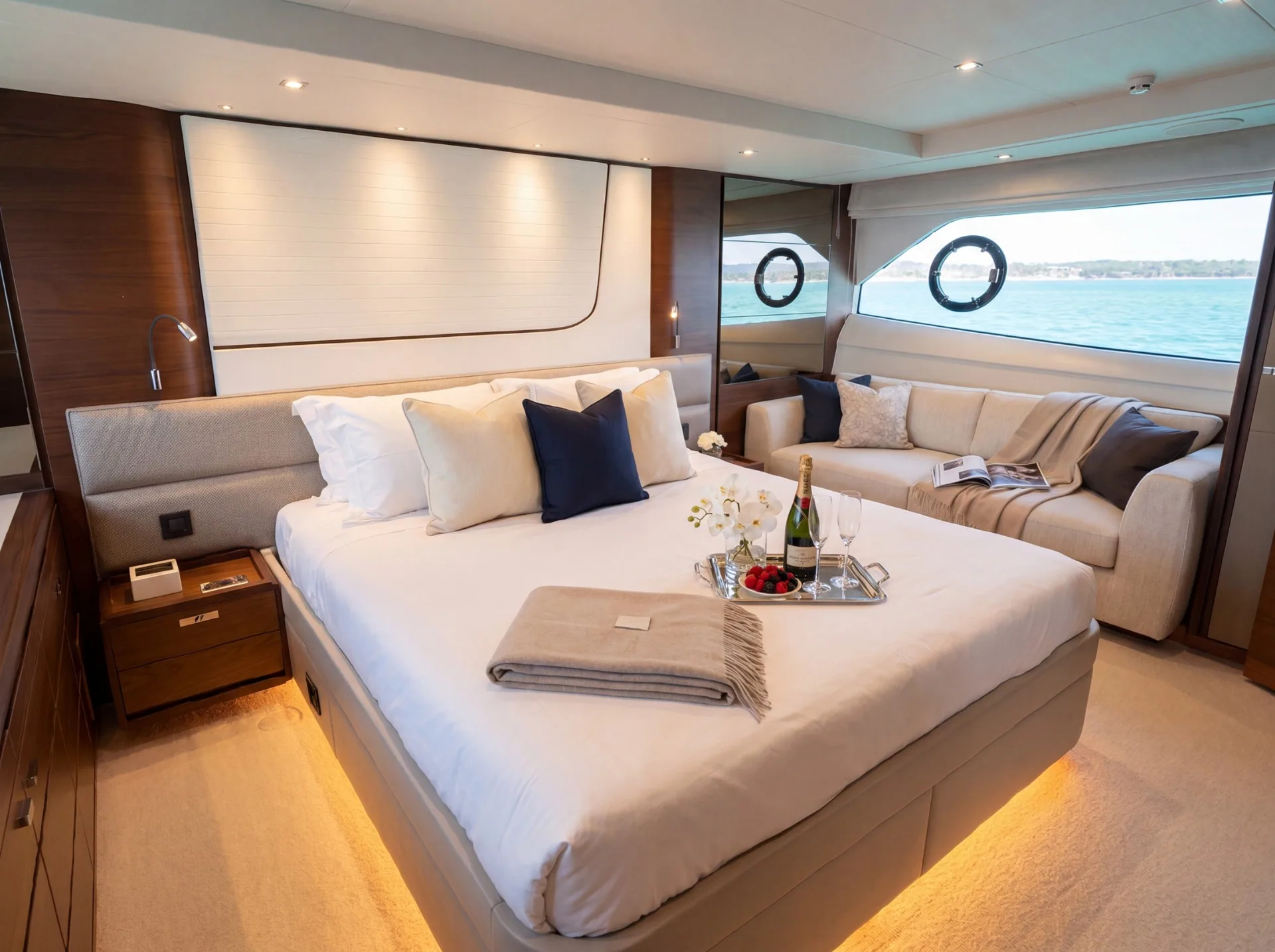 Luxury Princess F70 motor yacht rental in Puerto Banús, Marbella cabin – exclusive yacht charter