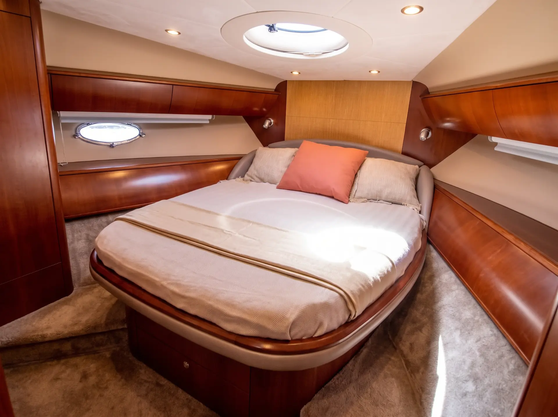 Luxury Princess V58 motor yacht rental in Puerto Banús, Marbella cabin – exclusive yacht charter