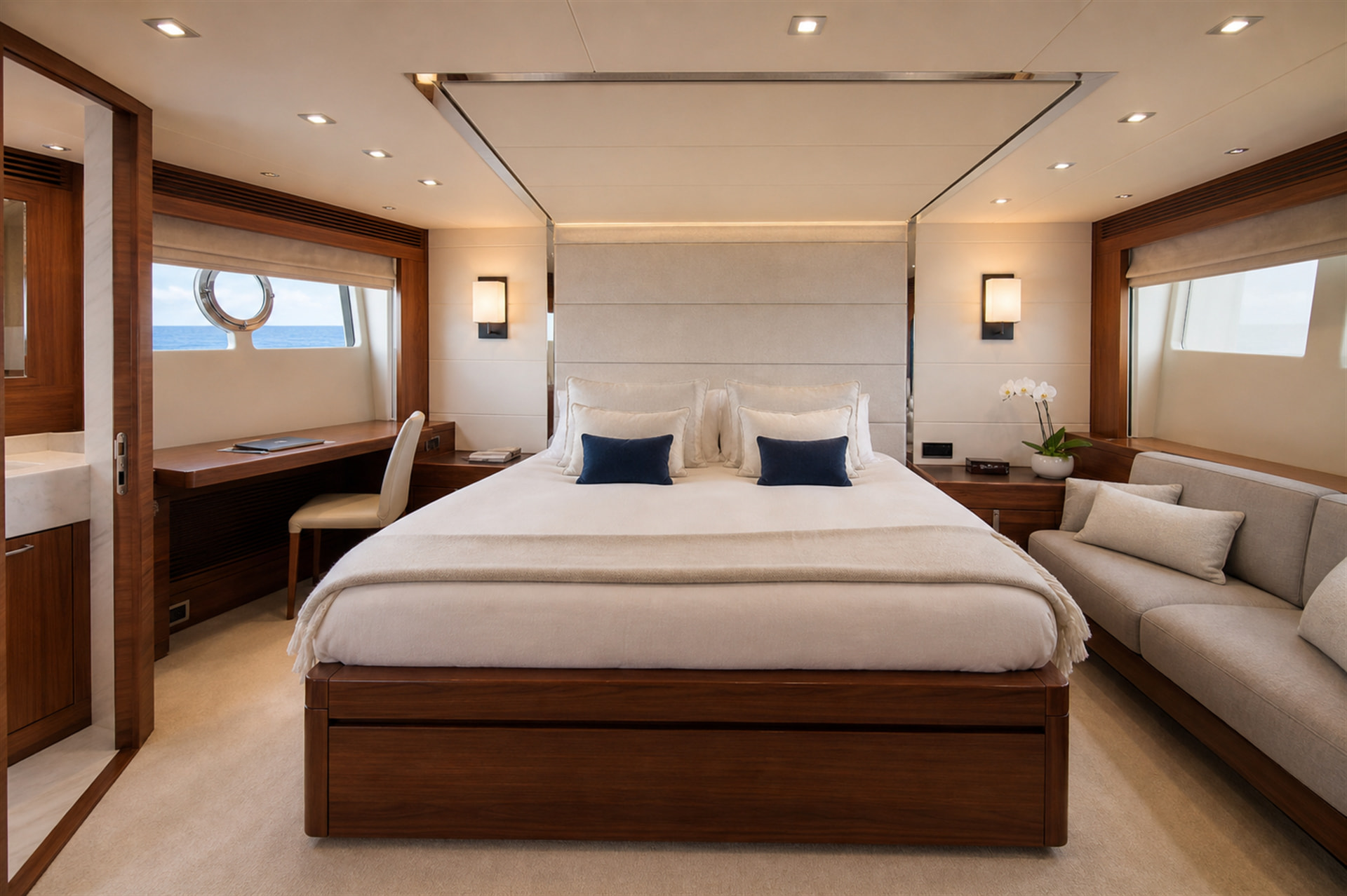 Luxury Sunseeker 68 motor yacht rental in Puerto Banús, Marbella cabin – exclusive yacht charter