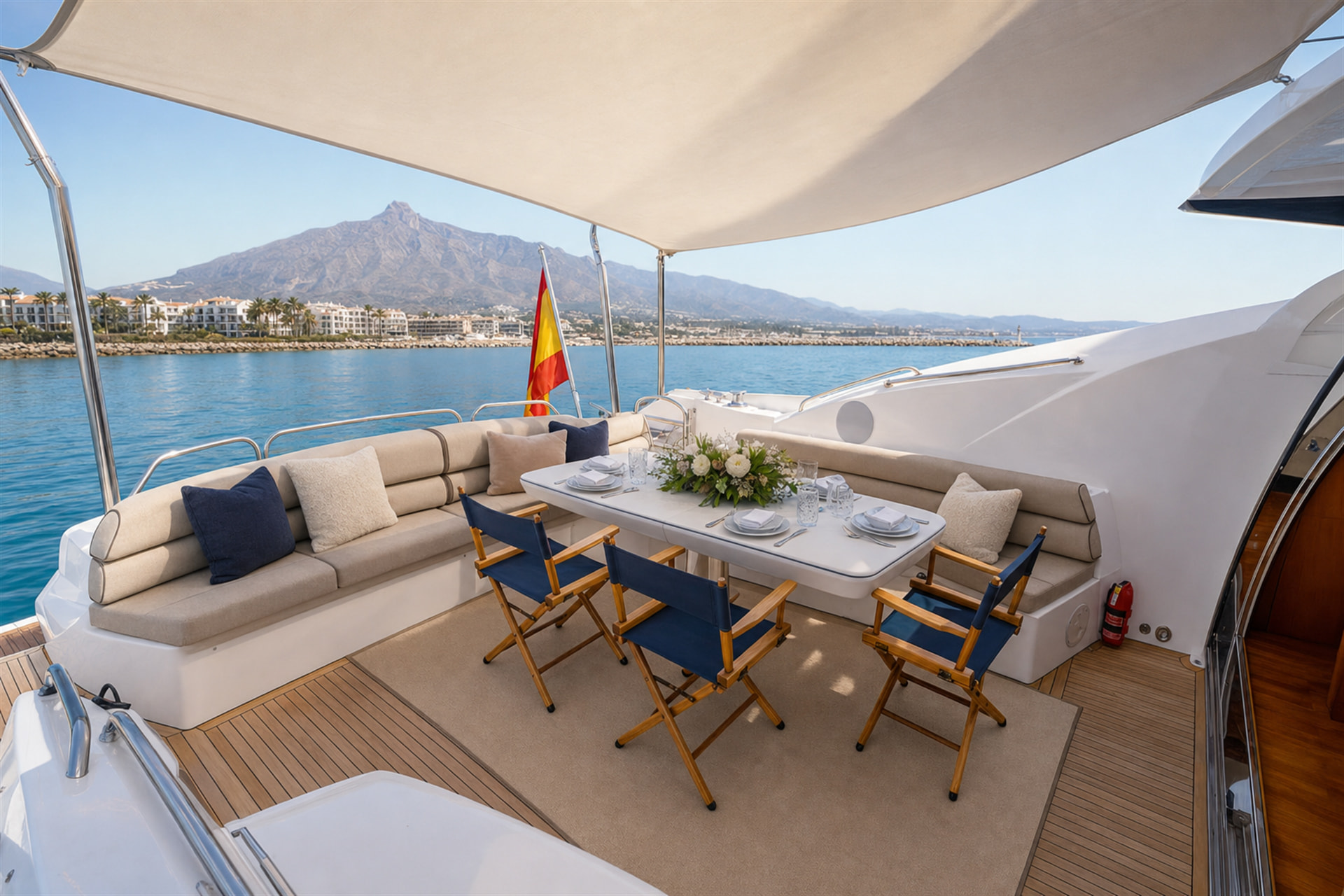 Luxury Sunseeker 72 motor yacht rental in Puerto Banús, Marbella deck – exclusive yacht charter