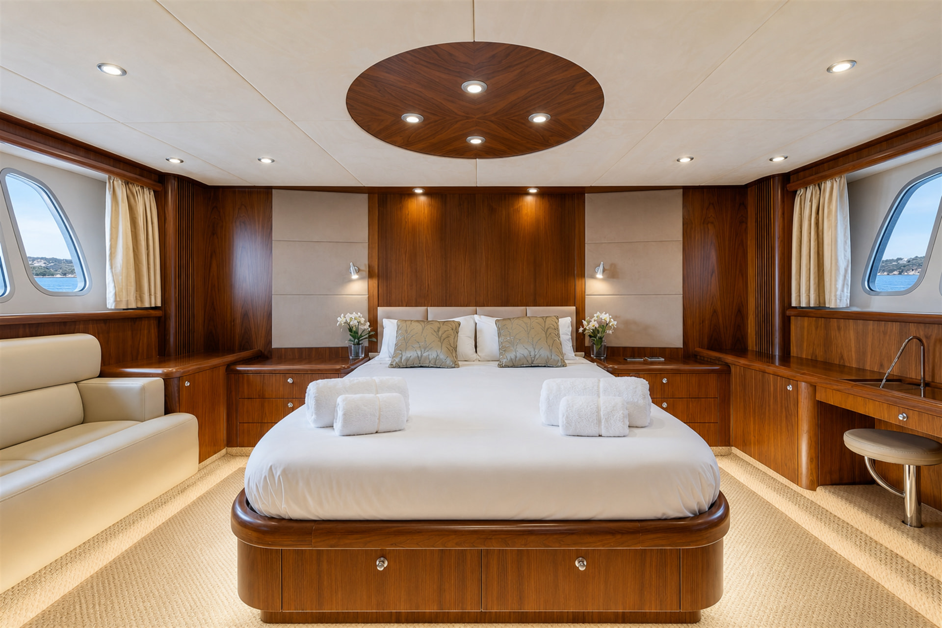 Luxury Sunseeker 72 motor yacht rental in Puerto Banús, Marbella cabin – exclusive yacht charter