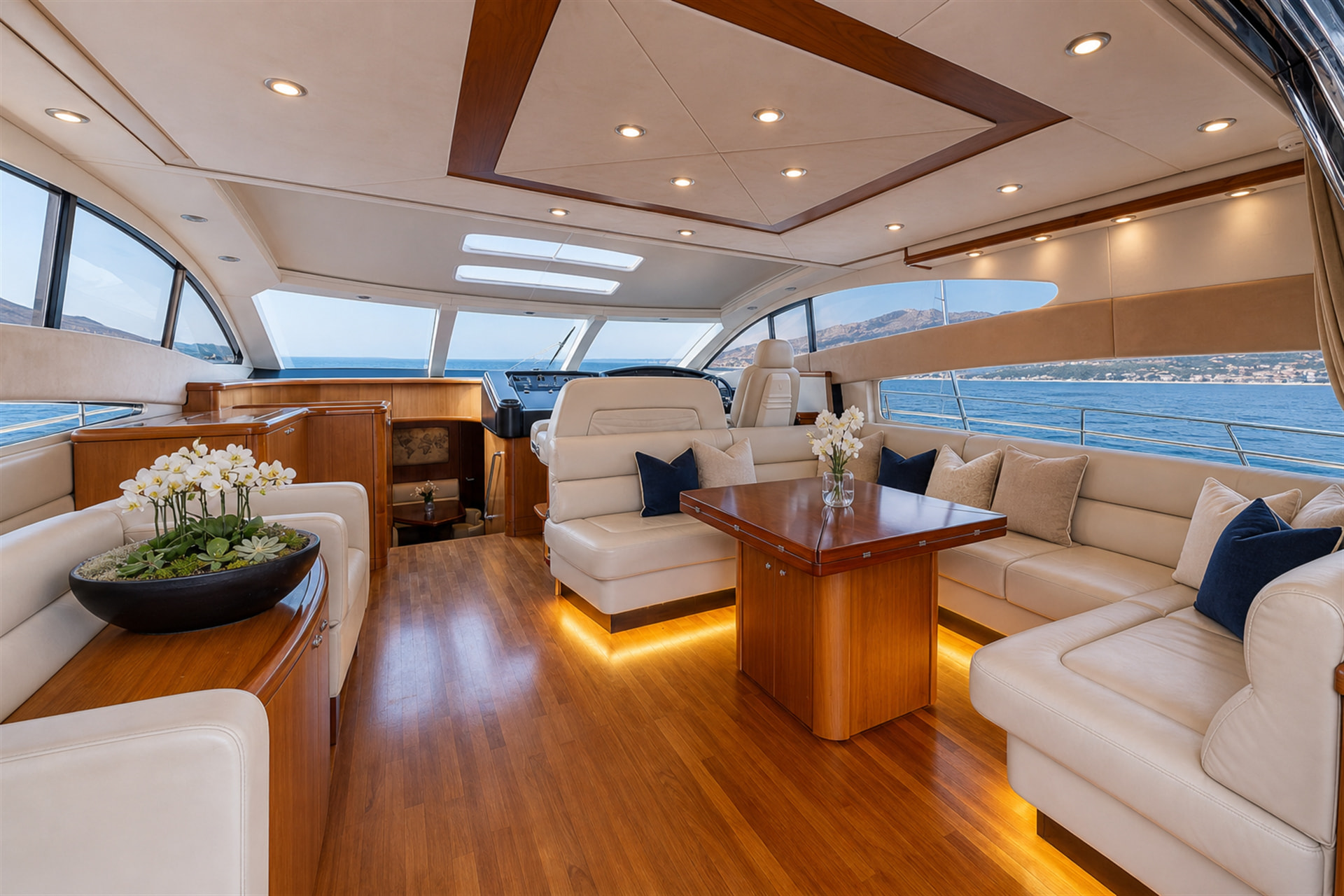 Luxury Sunseeker 72 motor yacht rental in Puerto Banús, Marbella salon – exclusive yacht charter