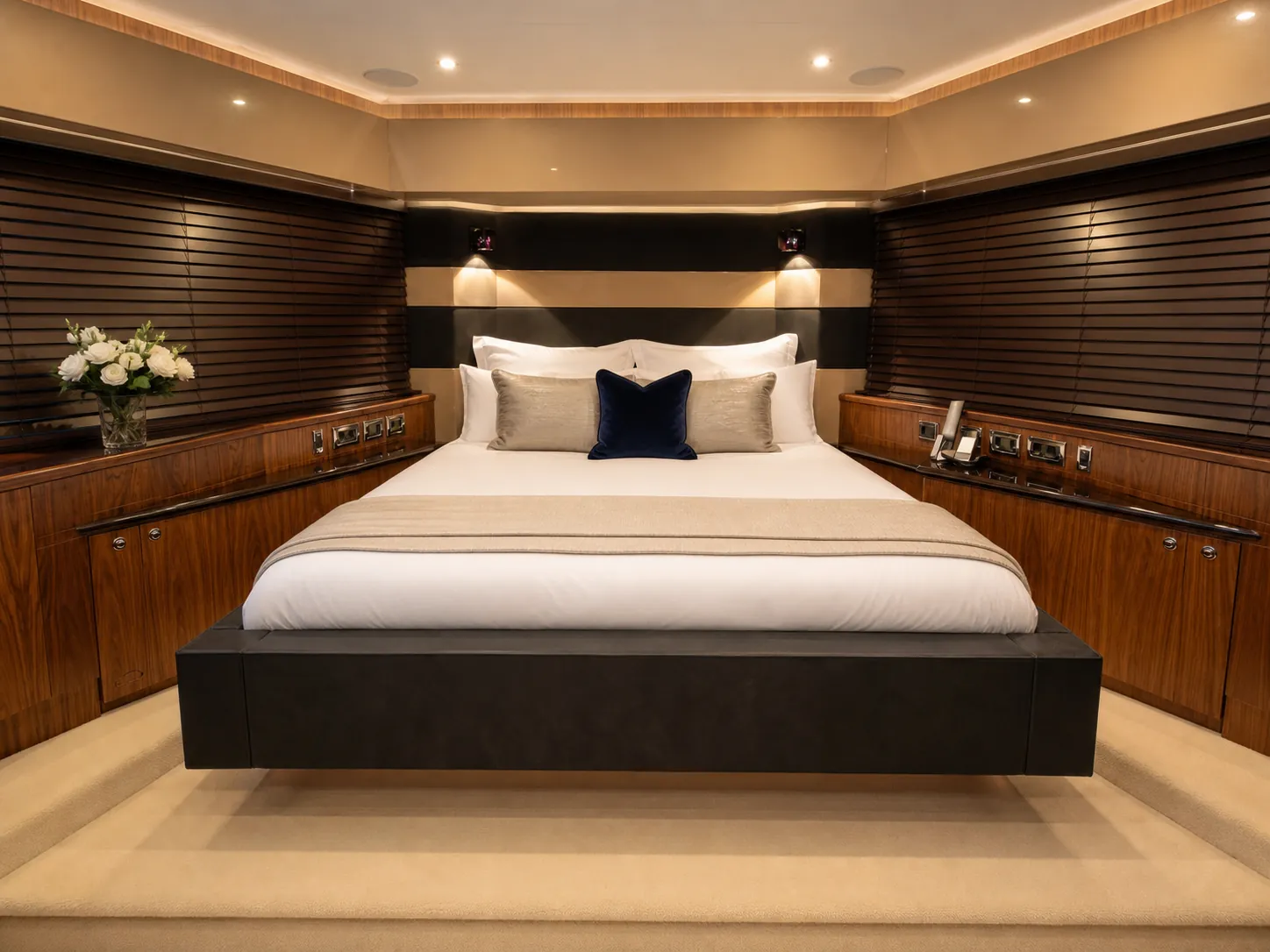 Luxury Predator 92 motor yacht rental in Puerto Banús, Marbella cabin – exclusive yacht charter