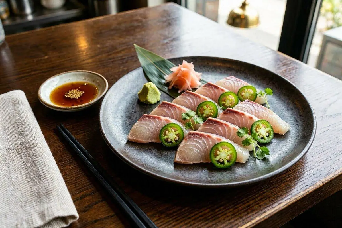 Signaturrätten Yellowtail Sashimi with Jalapeño på Nobu Marbella lyxrestaurang Signaturrätten Yellowtail Sashimi with Jalapeño på Nobu Marbella lyxrestaurang